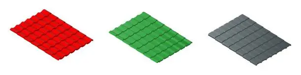 Vector illustration of Isometric vector illustration corrugated tile elements of roof isolated on white background. Realistic corrugated metal tiles for roof covering vector icons in flat cartoon style. Building materials.