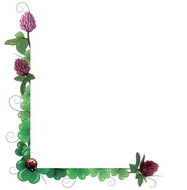 Vector illustration of Vector corner frame of shamrocks, clover flowers and ladybirds. Patrick's Day border has a place for text