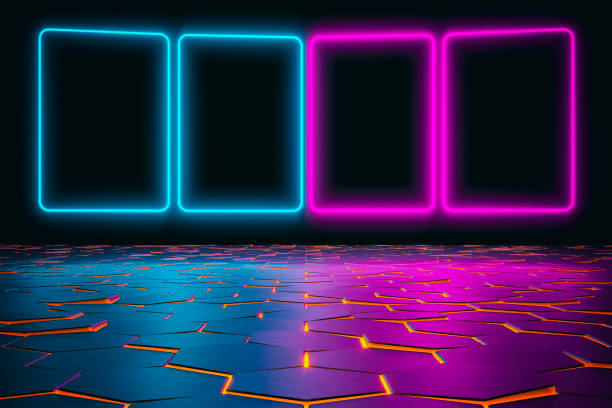 istock Modern empty abstract background illuminated by blue and pink rectangle neon lights / frames in diminishing perspective, 80's retro style 1297384188