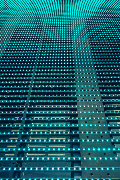 LED Outdoor Media Facade, digital signage screen. Exterior facade light, wall LED pixels light, architectural media lights.