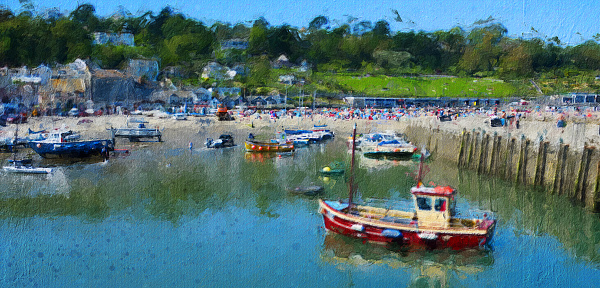 Oil painting of the harbour at Lyme Regis England