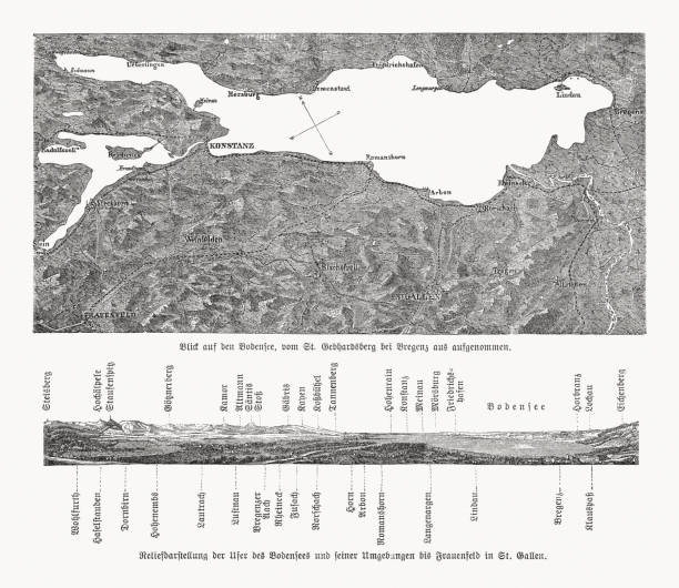 ilustraciones, imágenes clip art, dibujos animados e iconos de stock de mapa topográfico y relieve geológico del lago constanza, xilografías, 1893 - thurgau