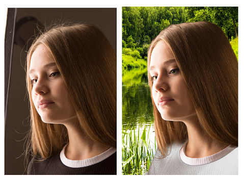 Before-after processing. Woman before and after retouch. compare portraits before and after replacing the background. Changing the background