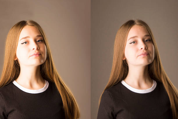 istock Before-after processing. Woman before and after retouch. comparison of portraits before and after skin treatment. Two-frequency decomposition in photoshop. Inverted High Pass 1297390979