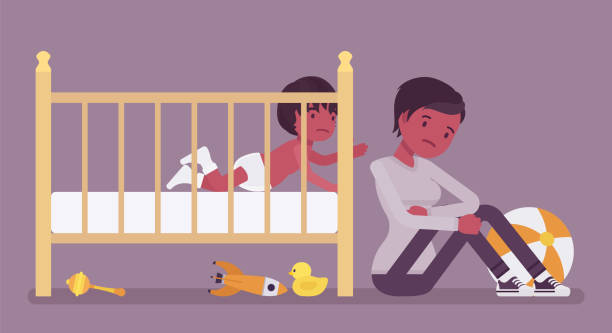 산후 우울증, 출산 후 불안에 새로운 검은 엄마 - baby mother family crib stock illustrations