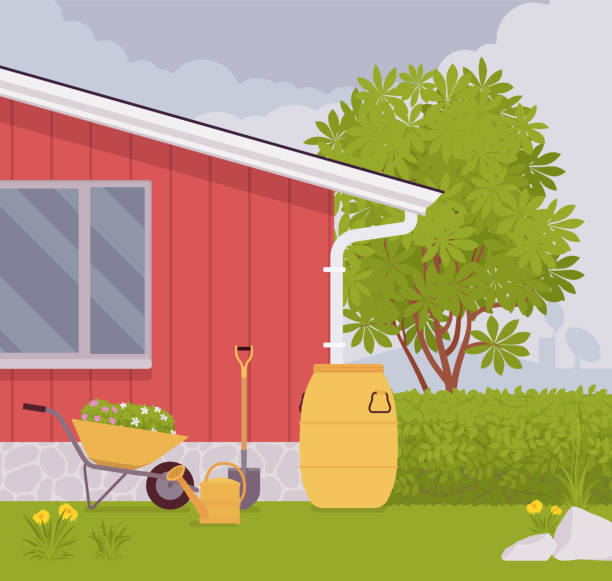 istock Rainwater rooftop harvesting downspout system, from the house into barrel 1297391092