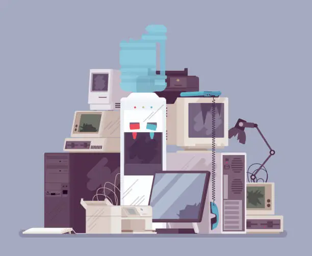 Vector illustration of Electronic appliances waste trash pile, broken office equipment