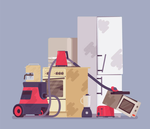 ilustrações, clipart, desenhos animados e ícones de descarte de eletrodomésticos, quantidade de resíduos eletrônicos usados empilhados - eletrodoméstico