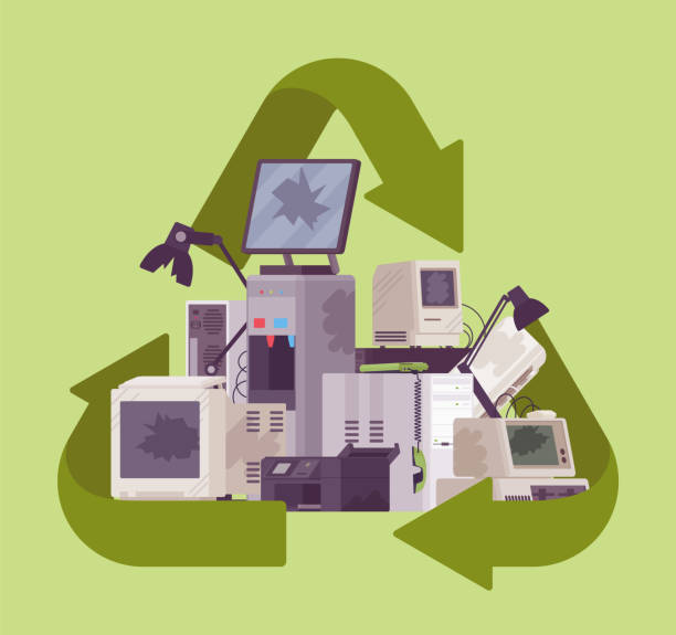 Recycling green symbol for electronic appliances waste trash pile Recycling green symbol for electronic appliances waste trash pile. Environment care for unwanted technology devices, not working digital rubbish, used materials. Vector flat style cartoon illustration electronics stock illustrations