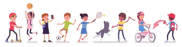 Vector illustration of Ethnically diverse children playing sport, games outdoor