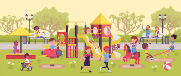 Kids playing in the playground, fun and leisure outside Kids playing in the playground, fun and leisure outside. Physically active happy children spend free time in park or recreation area, playtime family fun. Vector flat style cartoon illustration girl climbing ladder stock illustrations