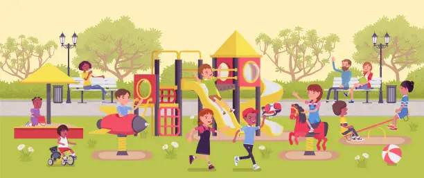 Vector illustration of Kids playing in the playground, fun and leisure outside