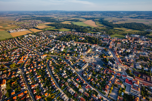 Aerial view of townscape and agricultural field