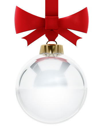 Glass Christmas ornament sphere with red ribbon isolated on white.