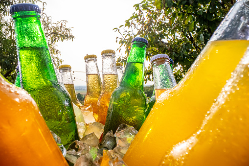 Cold refreshing drinks bottles with ice cubes