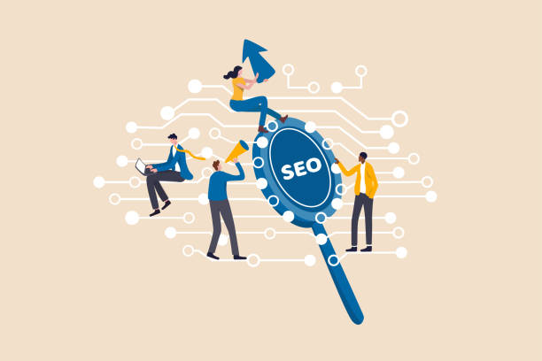 Digital marketing, SEO, Search Engine Optimization or Social media to engage online user concept, young people, advertising agency worker working on internet and digital line with SEO magnifying glass Digital marketing, SEO, Search Engine Optimization or Social media to engage online user concept, young people, advertising agency worker working on internet and digital line with SEO magnifying glass ecommerce seo agency stock illustrations