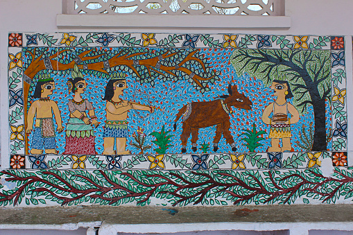 Madhubani painting or Mithila paintings on wall of Mithila University, Darbhanga, Bihar, India. Mostly depict people and their association with nature and scenes and deities from the ancient epics