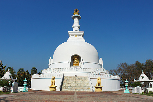 Vishwa Shanti Stupa, also called the Peace Pagoda. Stupa comprises four golden statues of Lord Buddha with each representing his life periods of birth, enlightenment, preaching and death. Vaishali, Bihar, India