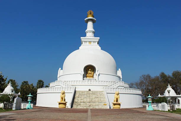 вишва шанти ступа, также называемая пагодой мира. ступа состоит из четырех золотых статуй господа будды, каждая из которых представляет пер - stupa стоковые фото и изображения