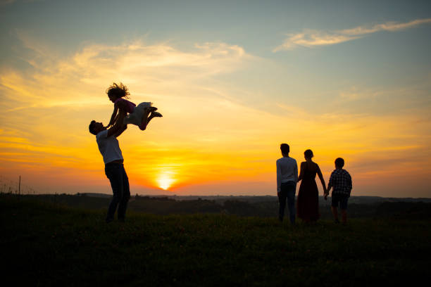 Father lifting up daughter in the sky while family is walking on meadow during sunset