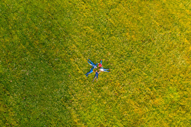 istock Family lying on grass in circle and looking up 1297397029