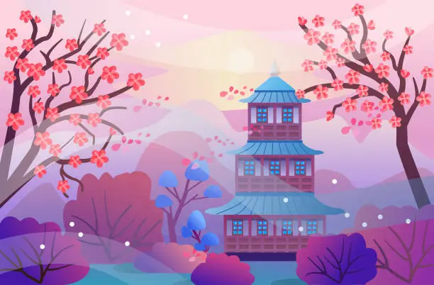 Vector illustration of Spring landscape in cartoon style. Beautiful landscape with blooming sakura trees, mountains, pagoda. Vector illustration in a flat style for design, banners, book. Asian temple and mountains