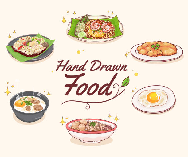 Hand draw thai food set vector illustration. Hand draw thai food set vector illustration. pad thai stock illustrations