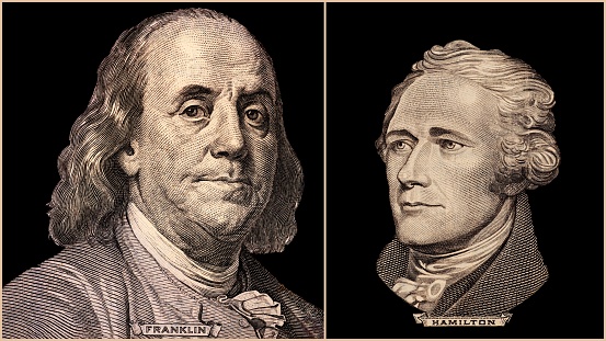 Portrait of U.S. Presidents Benjamin Franklin and Alexander Hamilton.