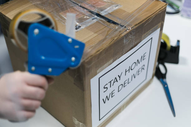 istock Packing for delivering at home address, coronavirus concept 1297402872