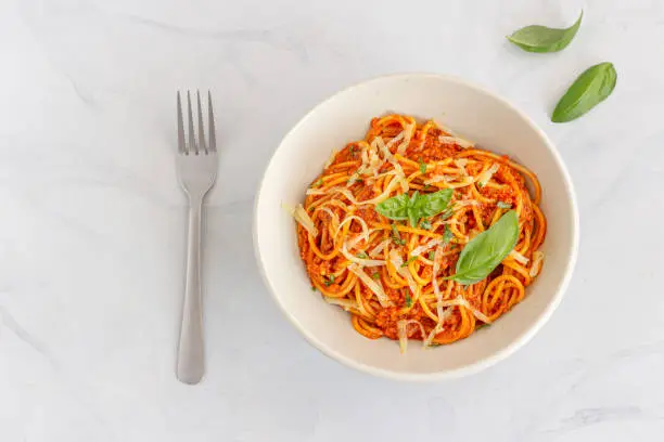 Spaghetti Bolognese, Traditional Italian Pasta Garnished with Fresh Basil