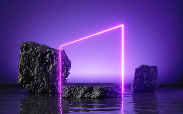 istock 3d render, abstract ultraviolet background with cobblestones, black rocks and neon glowing geometric arch, liquid floor with reflection in the water, modern minimal showcase for product presentation 1297403812
