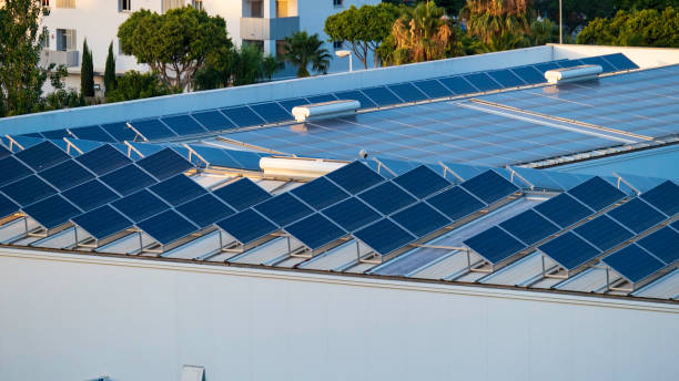 Photovoltaic plates on the roof of an industrial ship stock photo