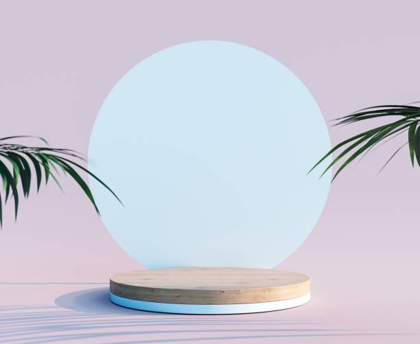 istock Empty wooden circle podium with white background and plant decoration 1297403966