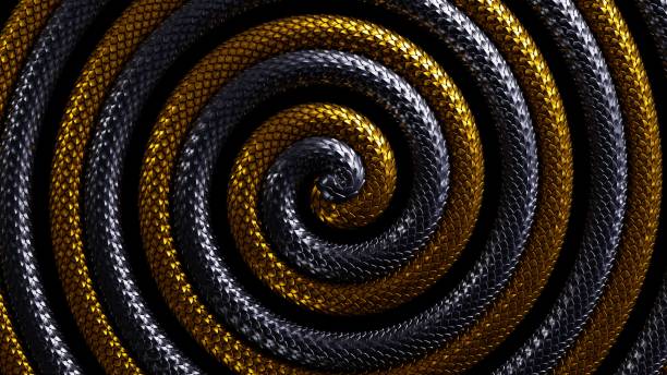 istock 3d render, abstract black and gold spiral background with snake, metallic scales texture 1297404356