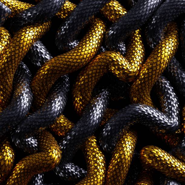 istock 3d render, abstract background with tangled and interlaced golden and black snakes, metallic scales texture 1297404370