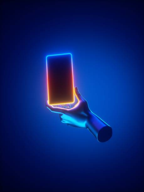 istock 3d render mannequin hand holds smart phone in vertical position, makes photography. Neon glowing electronic device isolated on blue background. Modern wireless technology 1297404383