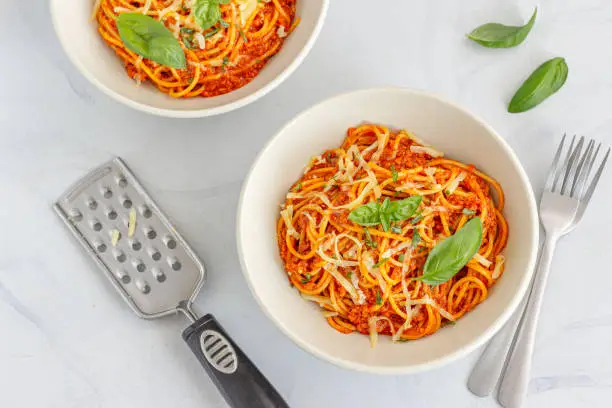 Spaghetti Bolognese, Traditional Italian Pasta Garnished with Fresh Basil