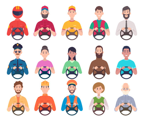 Drivers avatars. Service professional sitting in automobile and holding car steering wheel male and female drivers exact vector illustrations Drivers avatars. Service professional sitting in automobile and holding car steering wheel male and female drivers exact vector illustrations. Job avatar driver, transportation characters man woman car portrait men expertise stock illustrations