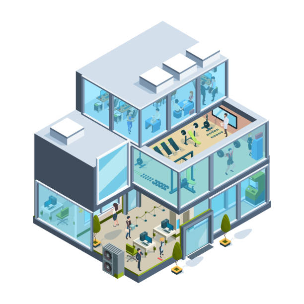 Business building isometric. Glass facade offices inside modern architecture elevators garish vector house Business building isometric. Glass facade offices inside modern architecture elevators garish vector house. Facade office isometric with gym and lobby illustration outdoor elevator stock illustrations