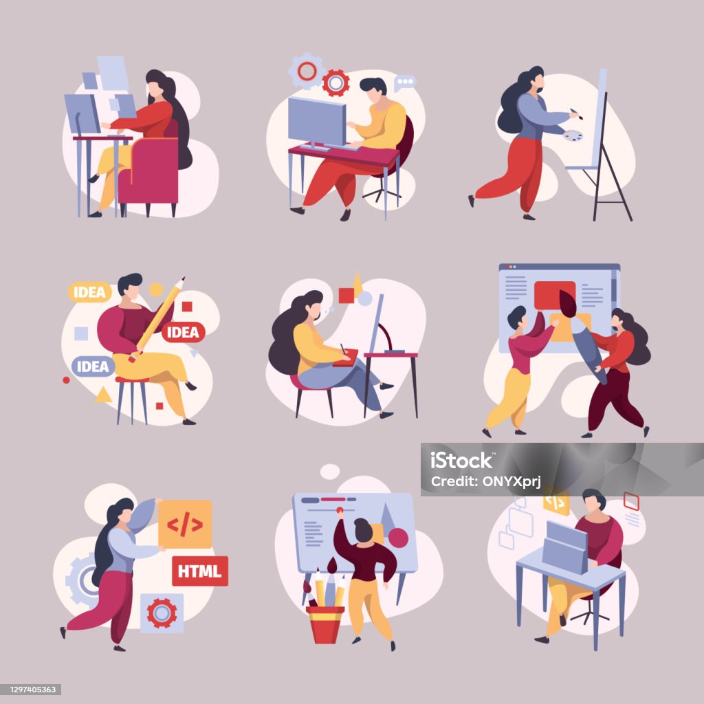 People Coding Busy Web Developers Hackers Programmers Working Garish ...