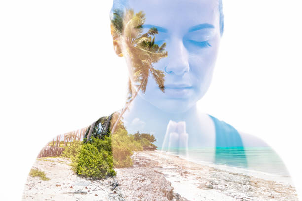 Double exposure of a healthy woman exercising yoga and beach