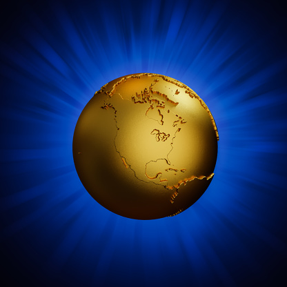 Textured golden Earth Globe showing North American in front. Blue gradient background with radial rays. 3d render