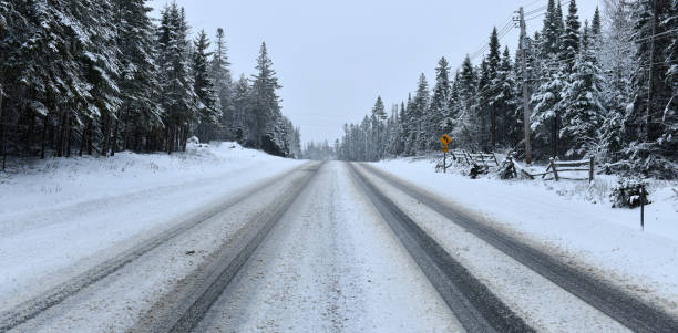 istock Snow covered road in snowstorm creating dangerous driving conditions 1297407343