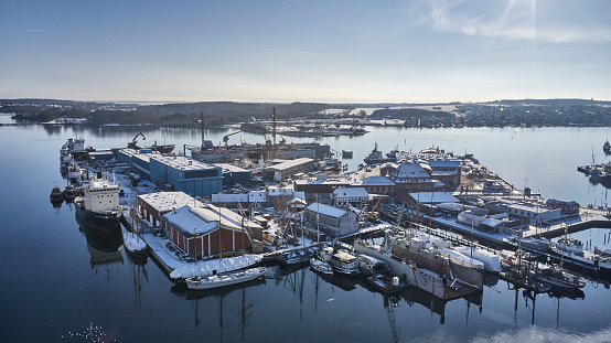 Svendborg harbor with old ship yard on the small island \