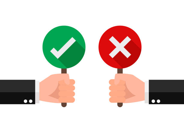 Hand hold signboard green check mark and red cross mark Hand hold signboard green check mark and red cross mark. Right and Wrong for feedback. Sign icon concept. vector illustration. better complaint stock illustrations