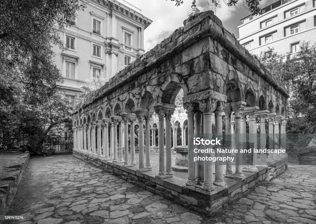 Ruins of St Andrew cloister in old center of Genoa, Italy Architectural Column Stock Photo