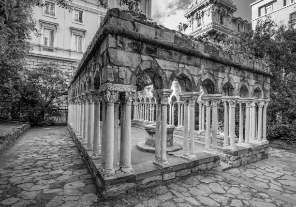 Ruins of St Andrew cloister in old center of Genoa, Italy stock photo