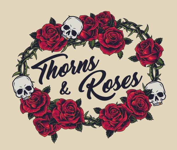 Vintage concept of metal barbwire wreath Vintage concept of metal barbwire wreath decorated with beautiful red roses and skulls on light background isolated vector illustration thorn wreath stock illustrations