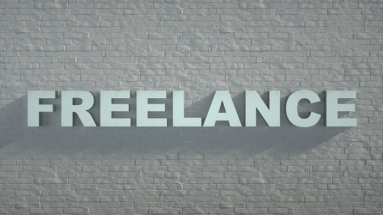 Freelance - Sign on White Brick Wall background - 3D illustration.