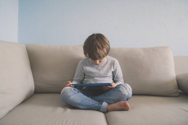 istock Young boy usina tablet on sofa at home 1297412408